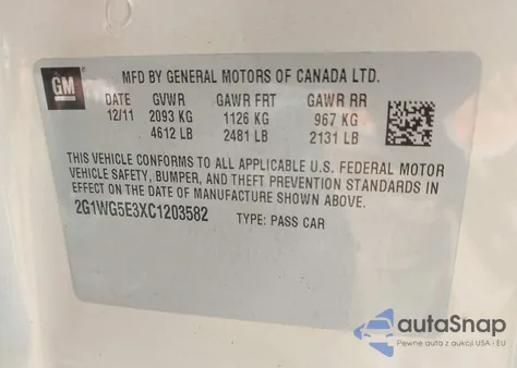 2012 Chevrolet Impala Lt from USA, damaged, VIN 2G1WG5E3XC1203582